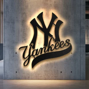 Black metal New York Yankees logo wall art with bright LED backlight