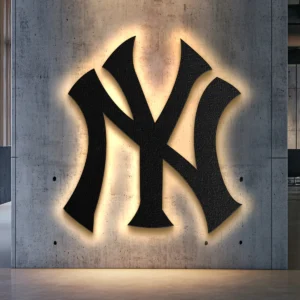 Black metal New York Yankees logo wall art with bright LED backlight.