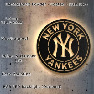 New York Yankees Metal Logo, MLB Baseball Art, Backlit Game Room Decor, Fanatic Present