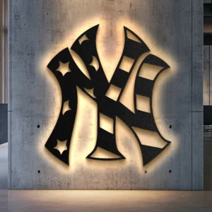 Black metal New York Yankees logo wall art with LED backlight.