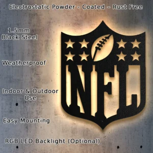 NFL Metal Logo Art, Iconic Football Shield Decor, Optional LED Game Room Sign, Ultimate Fan Gift