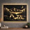 Large rustic night camp metal wall art with LED backlighting.
