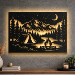Large rustic night camp metal wall art with LED backlighting
