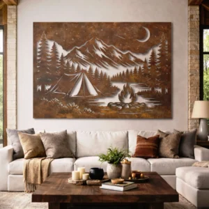 Night Camp Metal Wall Art, Oversized Rustic Mountain View Decor, Forest Cabin Sign, Optional RGB LED, Adventure Gift