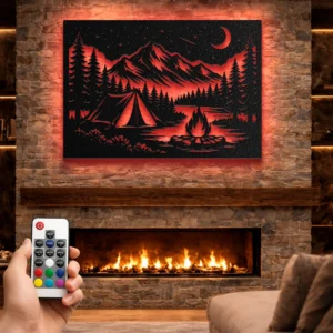 Night Camp Metal Wall Art, Oversized Rustic Mountain View Decor, Forest Cabin Sign, Optional RGB LED, Adventure Gift