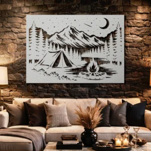 Night Camp Metal Wall Art, Oversized Rustic Mountain View Decor, Forest Cabin Sign, Optional RGB LED, Adventure Gift