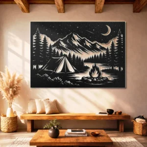 Night Camp Metal Wall Art, Oversized Rustic Mountain View Decor, Forest Cabin Sign, Optional RGB LED, Adventure Gift