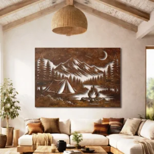 Night Camp Metal Wall Art, Oversized Rustic Mountain View Decor, Forest Cabin Sign, Optional RGB LED, Adventure Gift