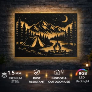 Night Camp Metal Wall Art, Oversized Rustic Mountain View Decor, Forest Cabin Sign, Optional RGB LED, Adventure Gift
