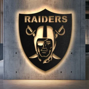 Oakland Raiders shield logo metal wall art with warm LED backlighting.