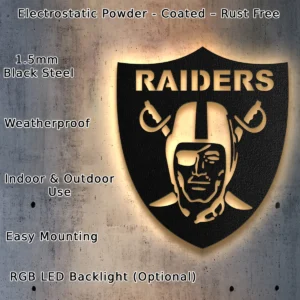 Oakland Raiders Metal Logo, Iconic Pirate Shield Art, LED Game Room Display, Dedicated Fan Gift