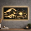 Large Ocean Wave Sunset metal art with warm LED backlight.