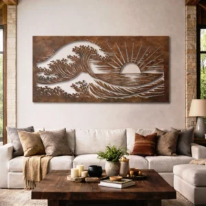 Ocean Wave Sunset Metal Art, Oversized Rustic Coastal Decor, Optional LED Backlight, Beach Lover Gift
