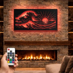 Ocean Wave Sunset Metal Art, Oversized Rustic Coastal Decor, Optional LED Backlight, Beach Lover Gift