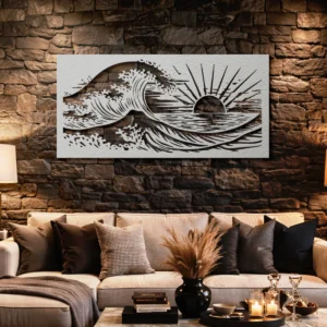 Ocean Wave Sunset Metal Art, Oversized Rustic Coastal Decor, Optional LED Backlight, Beach Lover Gift