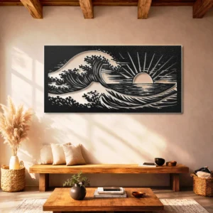 Ocean Wave Sunset Metal Art, Oversized Rustic Coastal Decor, Optional LED Backlight, Beach Lover Gift