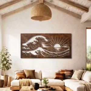 Ocean Wave Sunset Metal Art, Oversized Rustic Coastal Decor, Optional LED Backlight, Beach Lover Gift