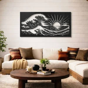 Ocean Wave Sunset Metal Art, Oversized Rustic Coastal Decor, Optional LED Backlight, Beach Lover Gift