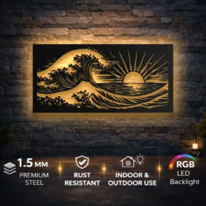 Ocean Wave Sunset Metal Art, Oversized Rustic Coastal Decor, Optional LED Backlight, Beach Lover Gift
