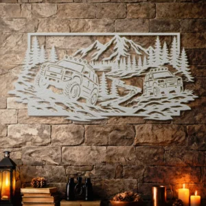 Off Road Truck Adventure Metal Wall Art, Oversized Rustic Mountain Forest Decor, Optional RGB LED, Man Cave Gift