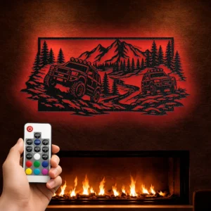 Off Road Truck Adventure Metal Wall Art, Oversized Rustic Mountain Forest Decor, Optional RGB LED, Man Cave Gift