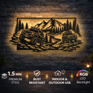 Off Road Truck Adventure Metal Wall Art, Oversized Rustic Mountain Forest Decor, Optional RGB LED, Man Cave Gift