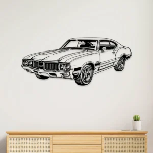 Black metal Oldsmobile 442 silhouette wall art on a white wall.