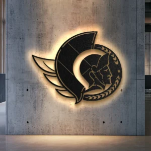 Black metal Ottawa Senators logo wall art with optional LED backlight.
