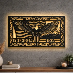Large Patriotic Eagle Freedom USA metal wall art with LED backlighting