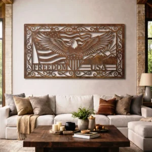 Patriotic Eagle Freedom USA Metal Art, Oversized Rustic American Flag Decor, Optional RGB LED, Veteran Gift