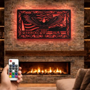 Patriotic Eagle Freedom USA Metal Art, Oversized Rustic American Flag Decor, Optional RGB LED, Veteran Gift