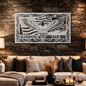 Patriotic Eagle Freedom USA Metal Art, Oversized Rustic American Flag Decor, Optional RGB LED, Veteran Gift
