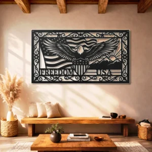 Patriotic Eagle Freedom USA Metal Art, Oversized Rustic American Flag Decor, Optional RGB LED, Veteran Gift