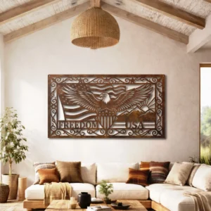 Patriotic Eagle Freedom USA Metal Art, Oversized Rustic American Flag Decor, Optional RGB LED, Veteran Gift