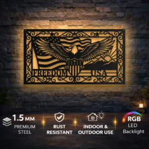 Patriotic Eagle Freedom USA Metal Art, Oversized Rustic American Flag Decor, Optional RGB LED, Veteran Gift