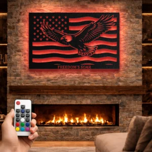 Personalized American Eagle Flag Metal Art, Oversized Rustic Patriotic Decor, Optional RGB LED, Freedom Wall Sign, Veteran Gift