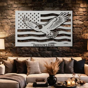 Personalized American Eagle Flag Metal Art, Oversized Rustic Patriotic Decor, Optional RGB LED, Freedom Wall Sign, Veteran Gift