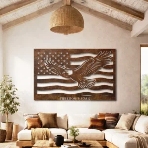 Personalized American Eagle Flag Metal Art, Oversized Rustic Patriotic Decor, Optional RGB LED, Freedom Wall Sign, Veteran Gift