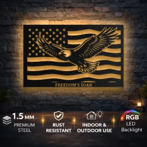 Personalized American Eagle Flag Metal Art, Oversized Rustic Patriotic Decor, Optional RGB LED, Freedom Wall Sign, Veteran Gift