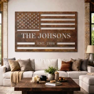 Personalized American Flag Metal Art, Oversized Rustic Family Name Sign, Custom Home Decor, Optional RGB LED, Veteran Gift