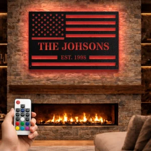Personalized American Flag Metal Art, Oversized Rustic Family Name Sign, Custom Home Decor, Optional RGB LED, Veteran Gift