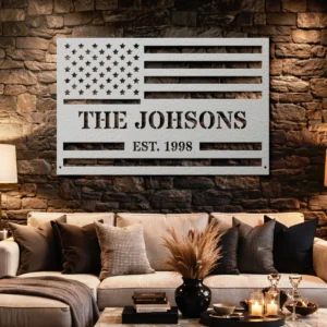 Personalized American Flag Metal Art, Oversized Rustic Family Name Sign, Custom Home Decor, Optional RGB LED, Veteran Gift