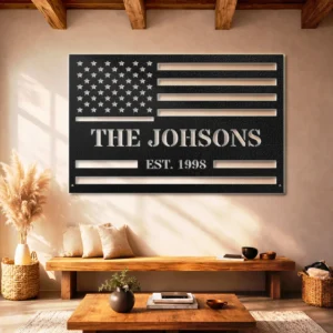 Personalized American Flag Metal Art, Oversized Rustic Family Name Sign, Custom Home Decor, Optional RGB LED, Veteran Gift