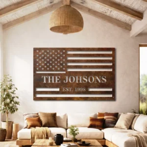 Personalized American Flag Metal Art, Oversized Rustic Family Name Sign, Custom Home Decor, Optional RGB LED, Veteran Gift