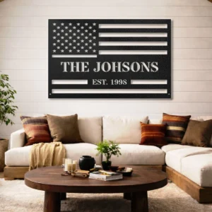 Personalized American Flag Metal Art, Oversized Rustic Family Name Sign, Custom Home Decor, Optional RGB LED, Veteran Gift