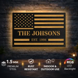 Personalized American Flag Metal Art, Oversized Rustic Family Name Sign, Custom Home Decor, Optional RGB LED, Veteran Gift
