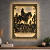 A personalized rustic metal wall art featuring a cowboy on a horse in a desert scene.