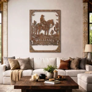 Personalized Cowboy Horse Metal Art, Large Rustic Wild West Sign, Optional RGB LED, Ranch Decor Gift