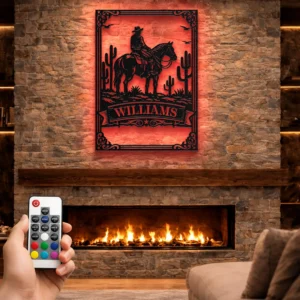 Personalized Cowboy Horse Metal Art, Large Rustic Wild West Sign, Optional RGB LED, Ranch Decor Gift