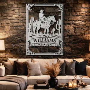 Personalized Cowboy Horse Metal Art, Large Rustic Wild West Sign, Optional RGB LED, Ranch Decor Gift